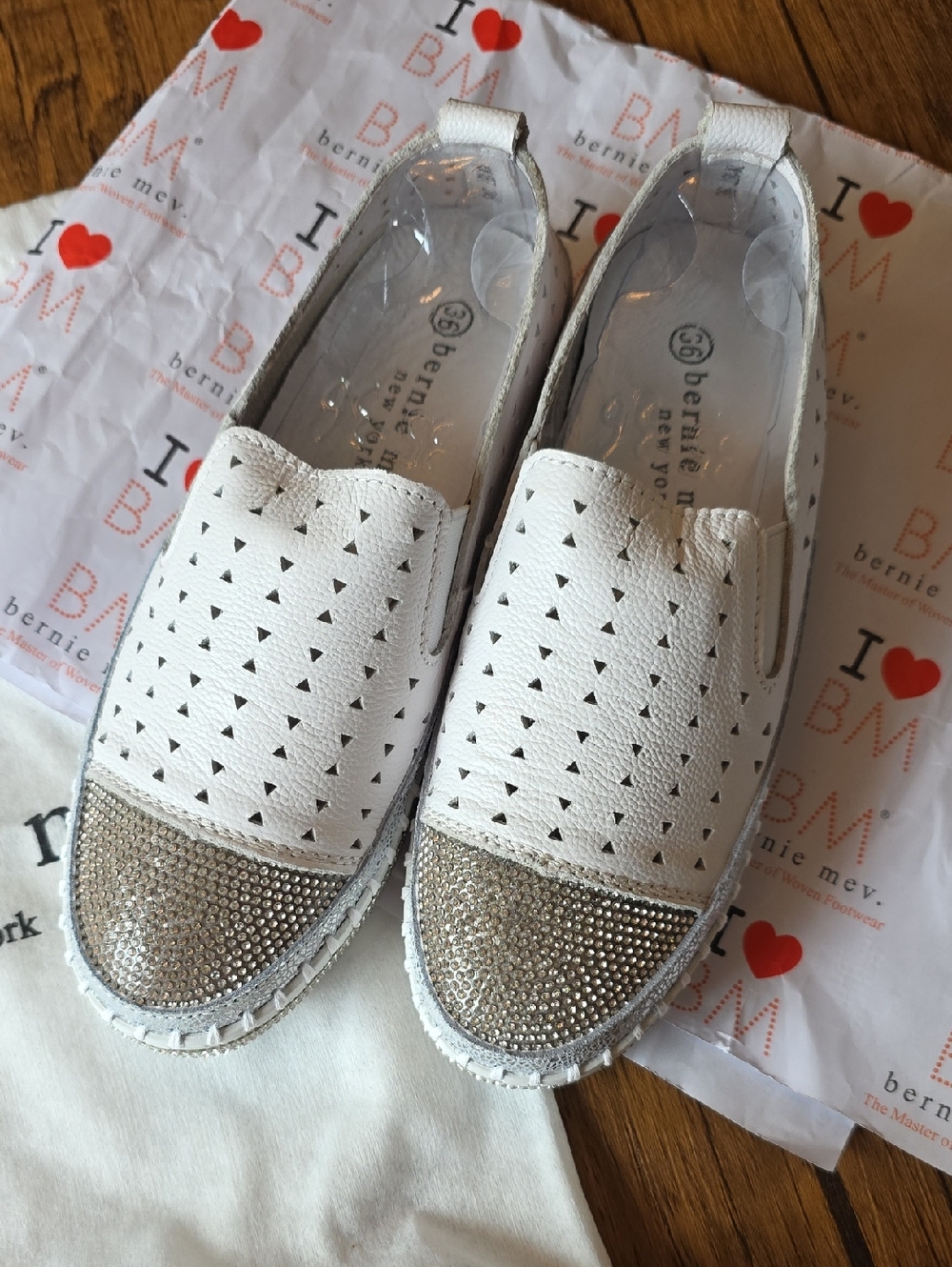bernie mev. White Leather Slip-On Perforated Sneakers with Silver Rhinestone Toe